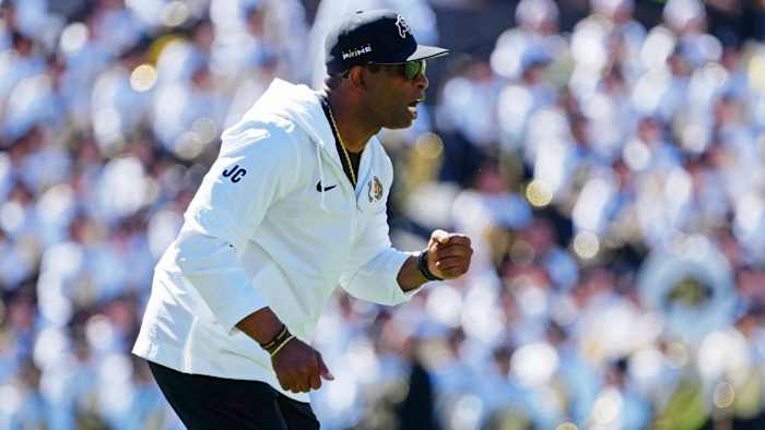 Deion Sanders coaches Colorado during the Buffaloes’ win over Nebraska.